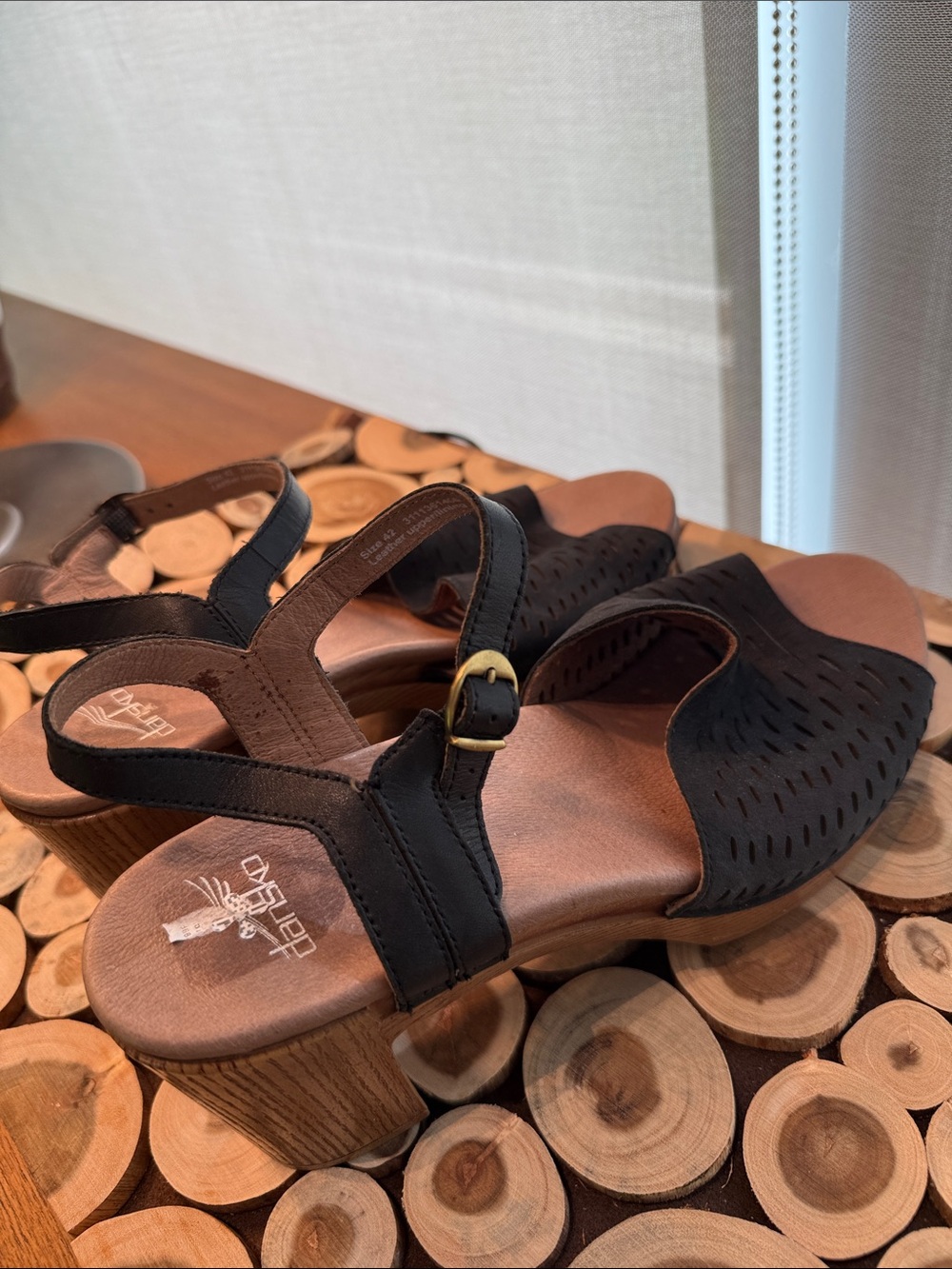 Dansko Black and Tan Perforated Leather Slingback Sandals